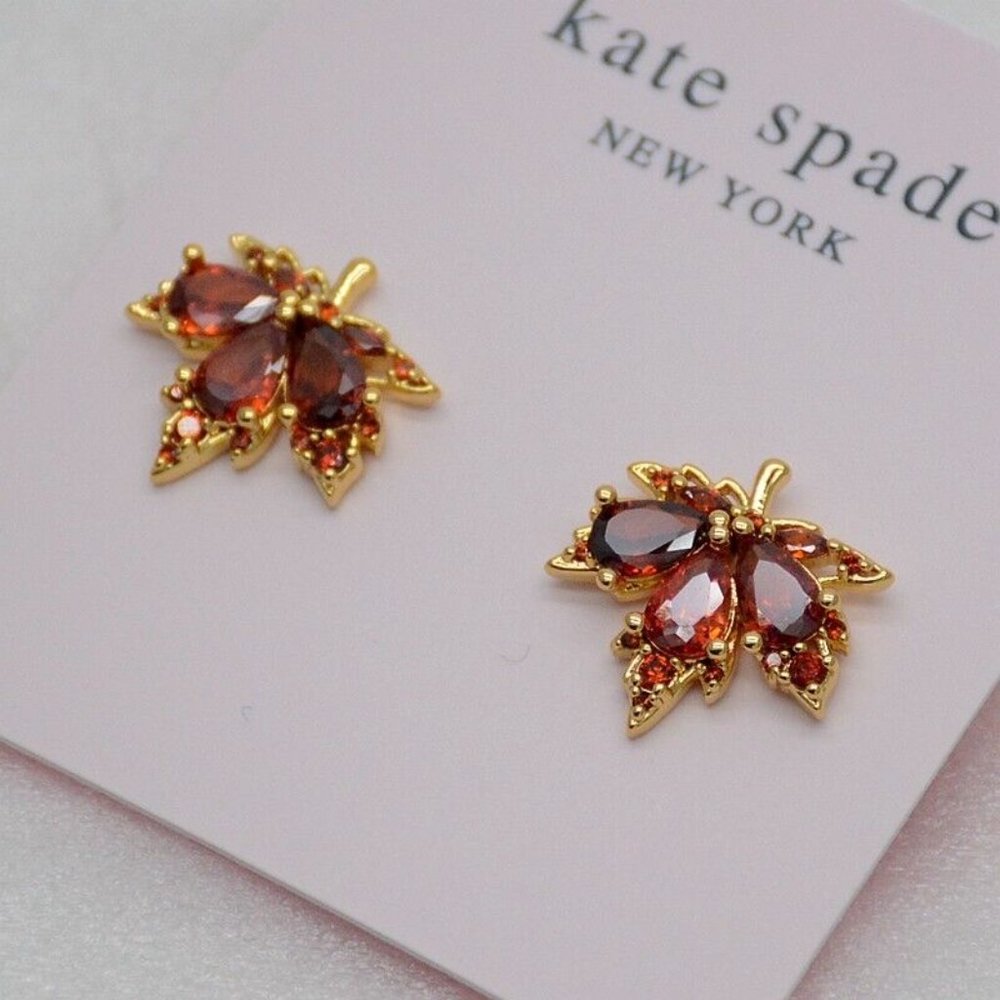 NEW Kate Spade yellow gold rust red maple leaf earrings. - Picture 2 of 5